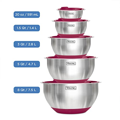 Viking Culinary Stainless Steel Mixing Bowl Set, 10 Piece, Non-Slip Silicone Base, Includes Airtight Lids, Dishwasher Safe, Red