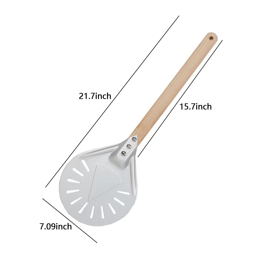 Betterjonny Round Perforated Pizza Peel With Detachable Wood Handle, Aluminum Turning Peel Pizza Paddle Metal Non-Slip Perforate