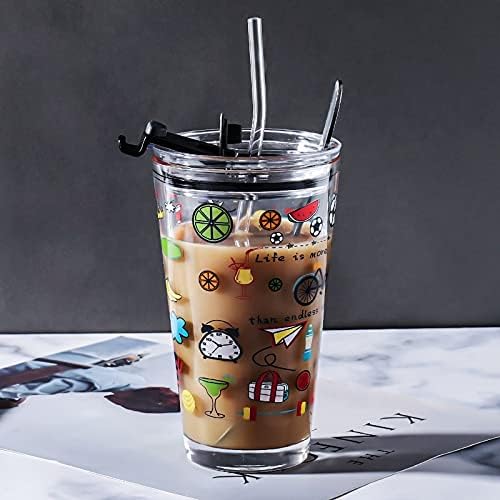 AVMPHD Cartoon Creative Pattern Juice Drinking Glass Tumbler Coffee Mug & Milk Cup with Silicone Straw & Lid 400ml, Multipurpose