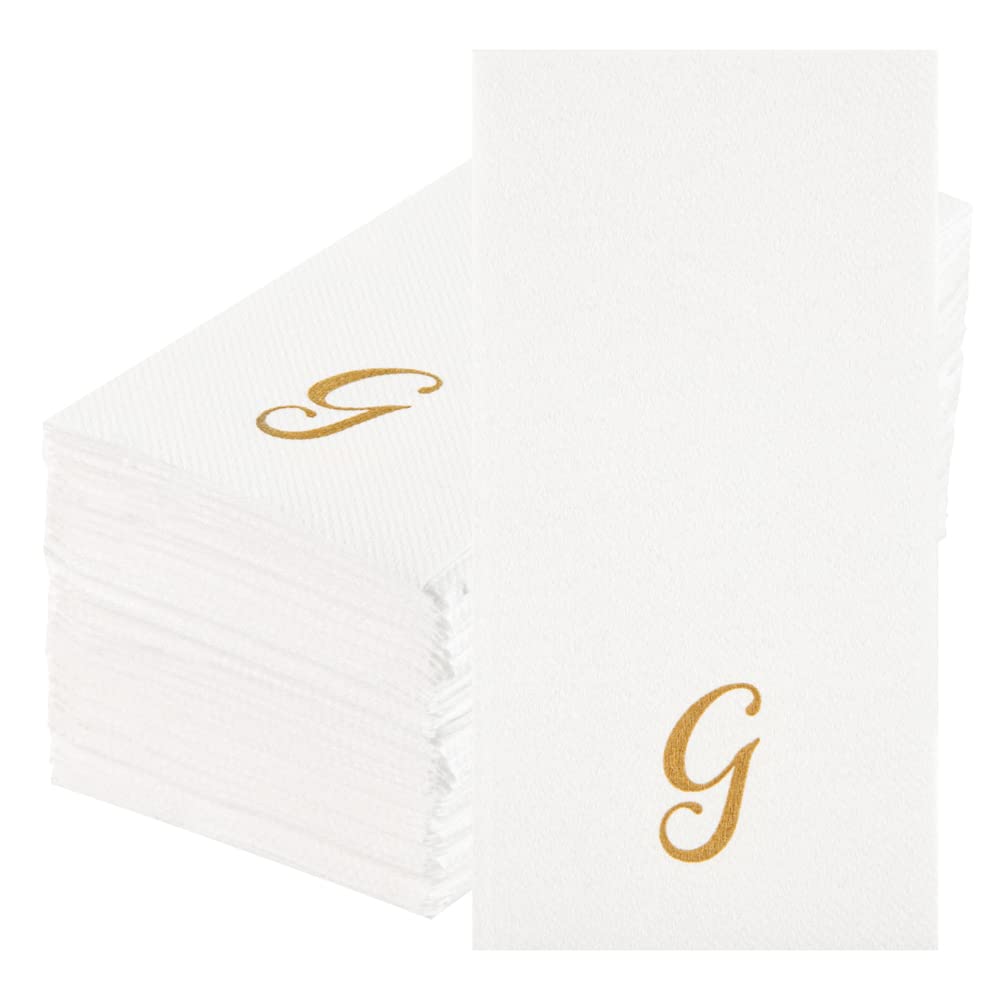 Luxenap 15.8 X 7.9 Inch Linen-Feel Guest Towels, 50 Lettered Hand Towels - Gold Letter 'G', Cursive Font, White Paper Dinner Nap