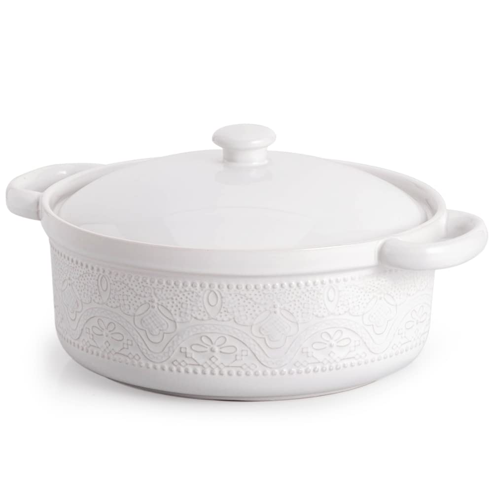Fun Elements Casserole Dish, 2 Quart Lace Emboss Dish With Lid, Oven To Table Ceramic Round Serving Handles For Dinner And Party