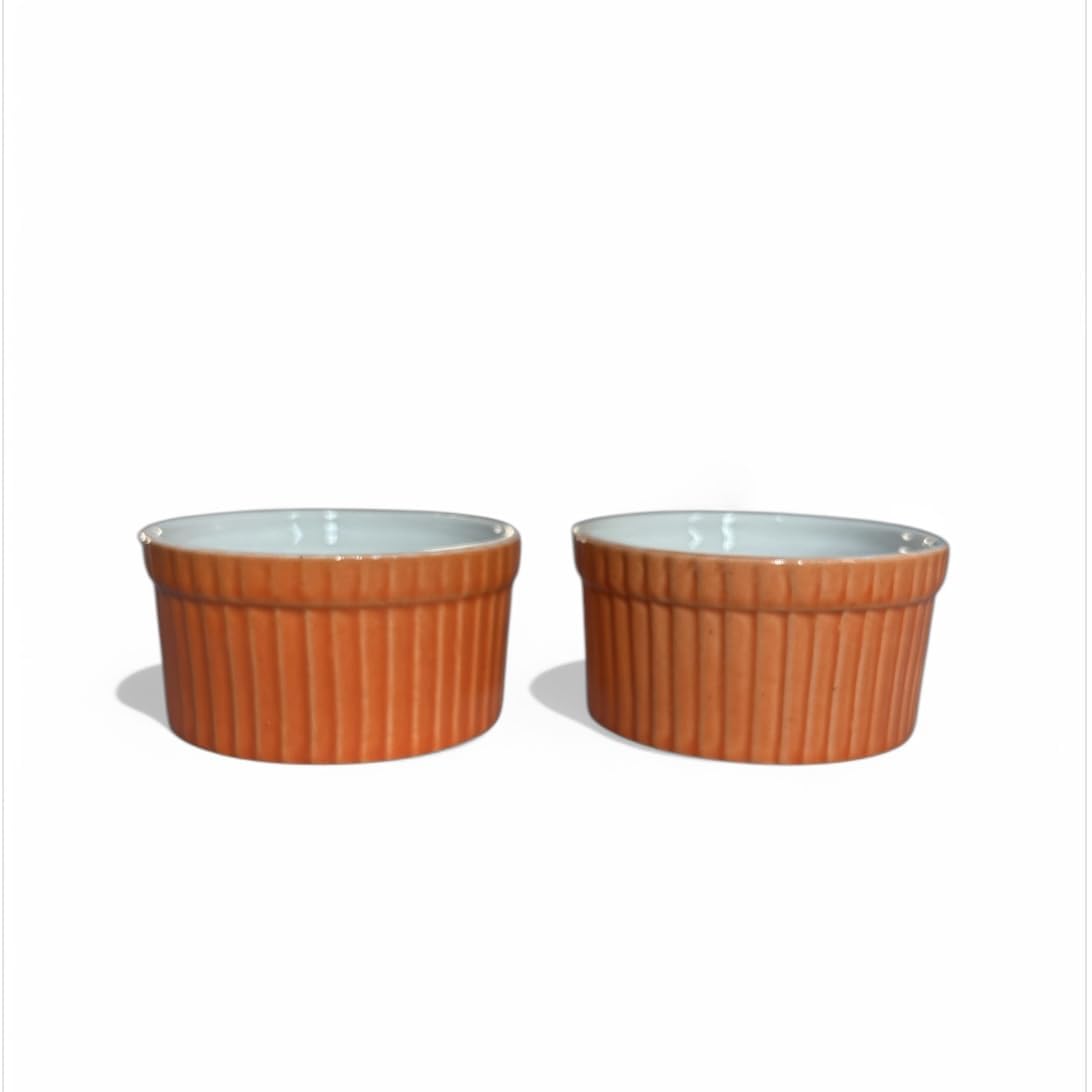 Mirakii Ceramic Orange And White Ramekin Bowl 150Ml Set Of 2, Microwave And Dishwasher Safe For Baking And Serving (Orange)