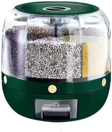 360 Rotating Rice Dispenser 6Grid Airtight Food Storage Container, OneClick Output Grain & Cereal Organizer With Measuring Cup