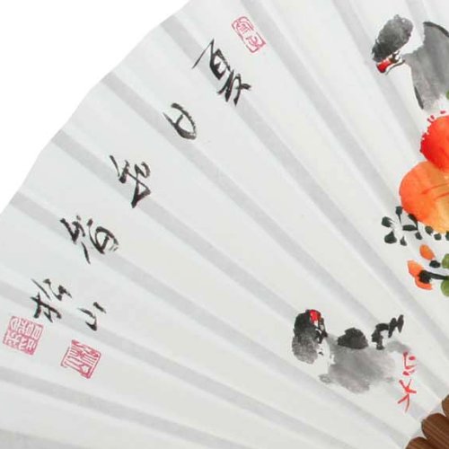 Hand Painted Folding Orange Flower and Bird Painting White Paper Bamboo Asian Oriental Wall Deco Korean Handheld Decorative Fan