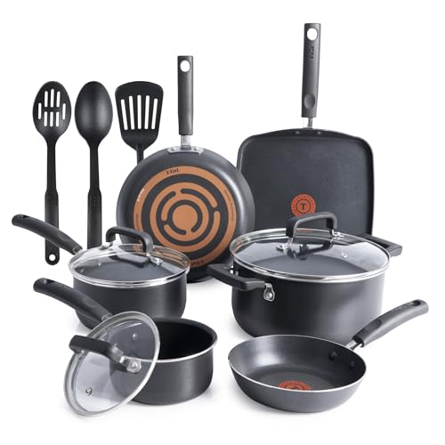 T-fal Signature Nonstick Cookware Set 12 Piece Oven Broiler Safe 350F Pots and Pans, Dishwasher Safe Black