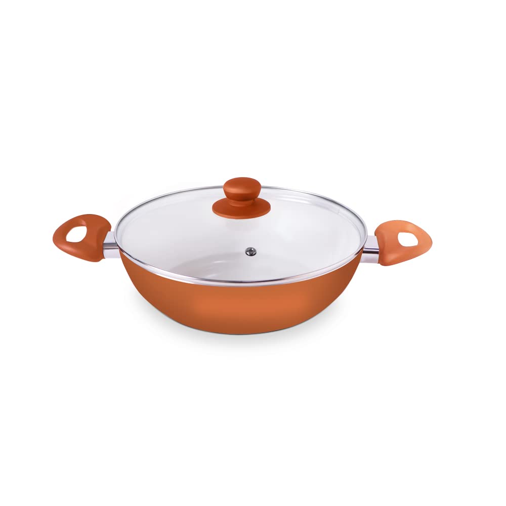 Impex Ceramic Coated Nonstick Aluminium Kadai Pan With Glass Lid Non Stick Cookware With Induction Base And Heatproof Handles | 