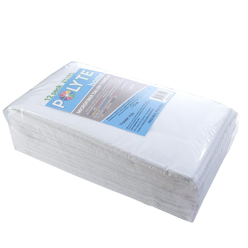 POLYTE Professional Quick Dry Lint Free Microfiber Hair Drying Salon Towel, 16 x 29 in, 12 Pack (White)
