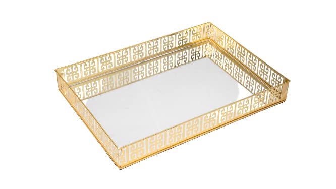 Lamjum Metal And Glass Serving Tray  Large, Gold, 35L X 25W X 5H Centimeters