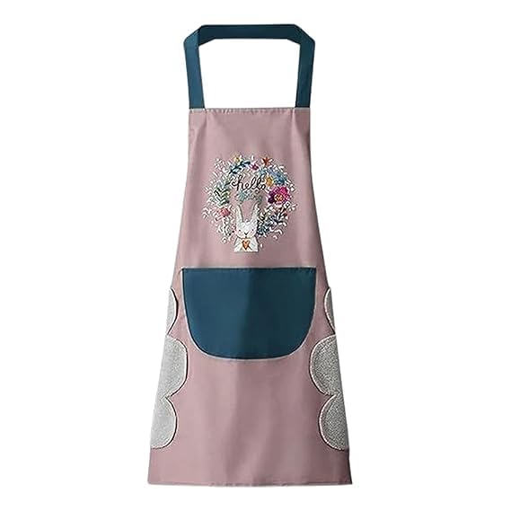 Rollyjcp Ware Kitchen Apron Set With Front Pocket, Floral Bunny Design, Waterproof, Pack Of1 (Pink) 1 Pcs