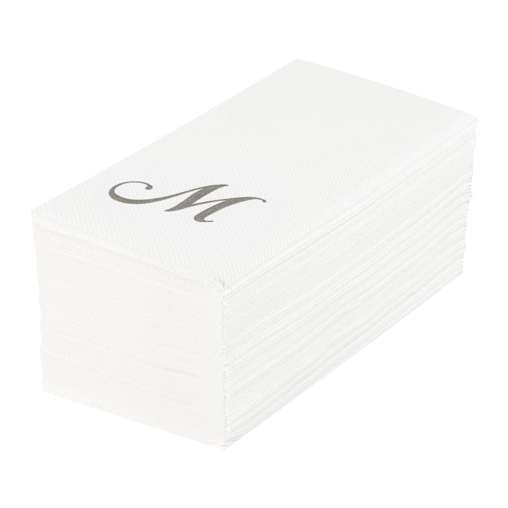 Luxenap 15.8 X 7.9 Inch Linen-Feel Guest Towels, 50 Lettered Hand Towels - Silver Letter 'M', Cursive Font, White Paper Dinner N