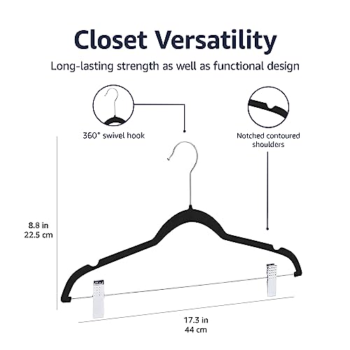 Amazon Basics Velvet, Non-Slip Skirt Clothes Hangers With Clips, Pack Of 50, Black/Silver