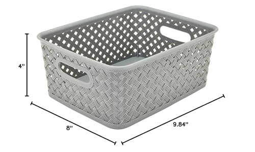 Simplify Small Resin Wicker Tote  Storage Bin  Plastic Organizer  Carrying Handles  Bathroom  Pantry  Accessories  Cleaning Products  Grey