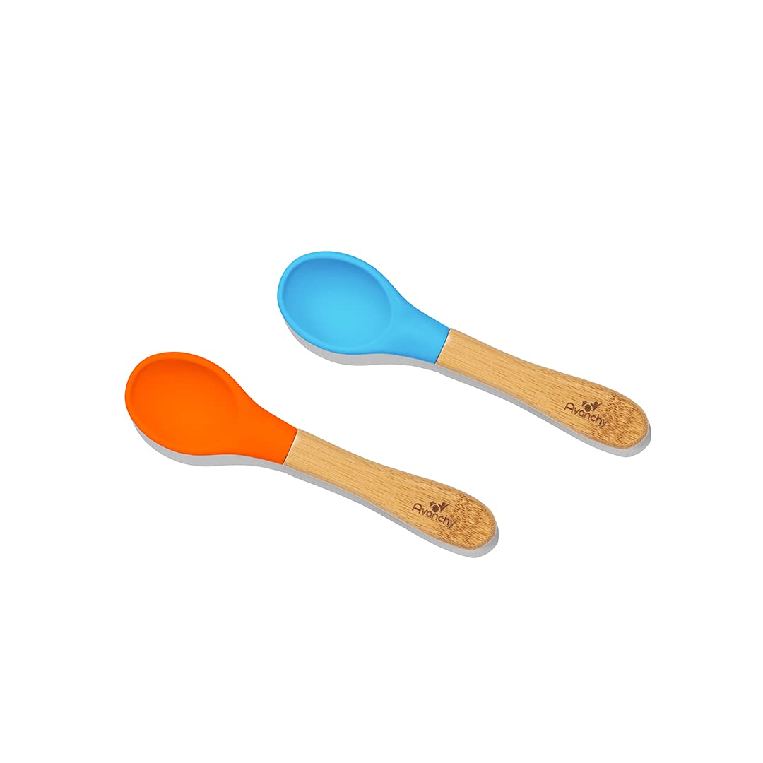 Avanchy Baby Spoons Bamboo And Silicone Set, Self Feeding Food Utensils, 4 Months Baby Led Weaning, 2 Pack
