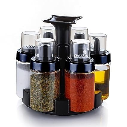 Yunivan Multipurpose Plastic 360 Revolving Spice Rack With Oil Dispenser Set, 6 Transparent Jars With Rotating Base, 200 Ml Each
