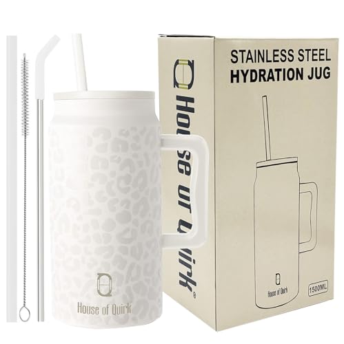 House Of Quirk 1500Ml Stainless Steel Mug Tumbler With Handle & Straw Lid - Large Water Bottle For Men & Women (White Leopard)