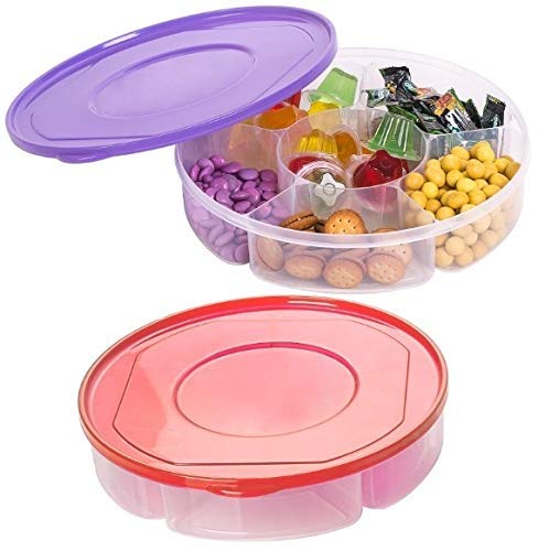 Zilpoo 2 Pack - Candy and Nut Serving Container, Appetizer Tray with Lid, 6 Compartment Round Plastic Food Storage Lunch Organiz