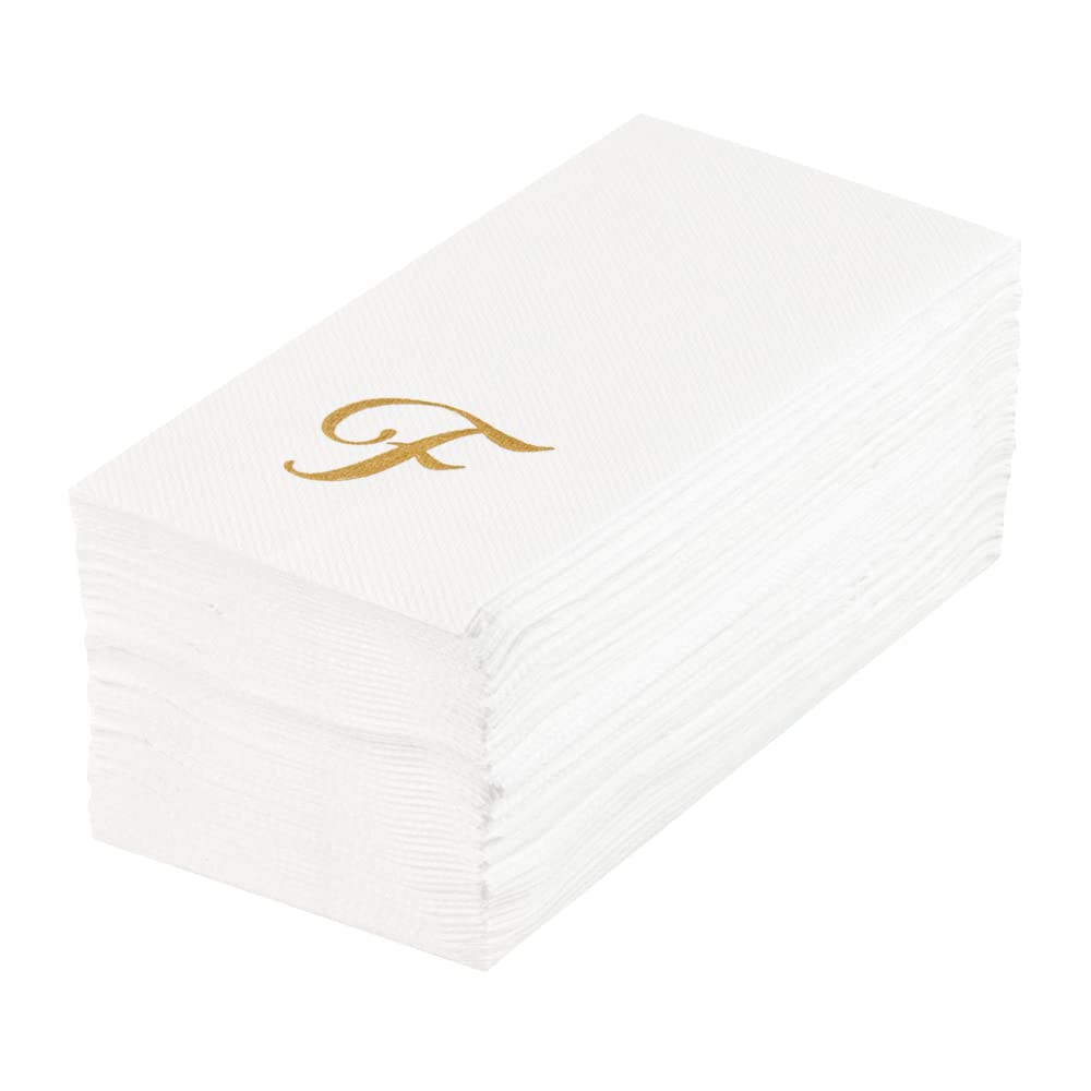Luxenap 15.8 X 7.9 Inch Linen-Feel Guest Towels, 50 Lettered Hand Towels - Gold Letter 'F', Cursive Font, White Paper Dinner Nap