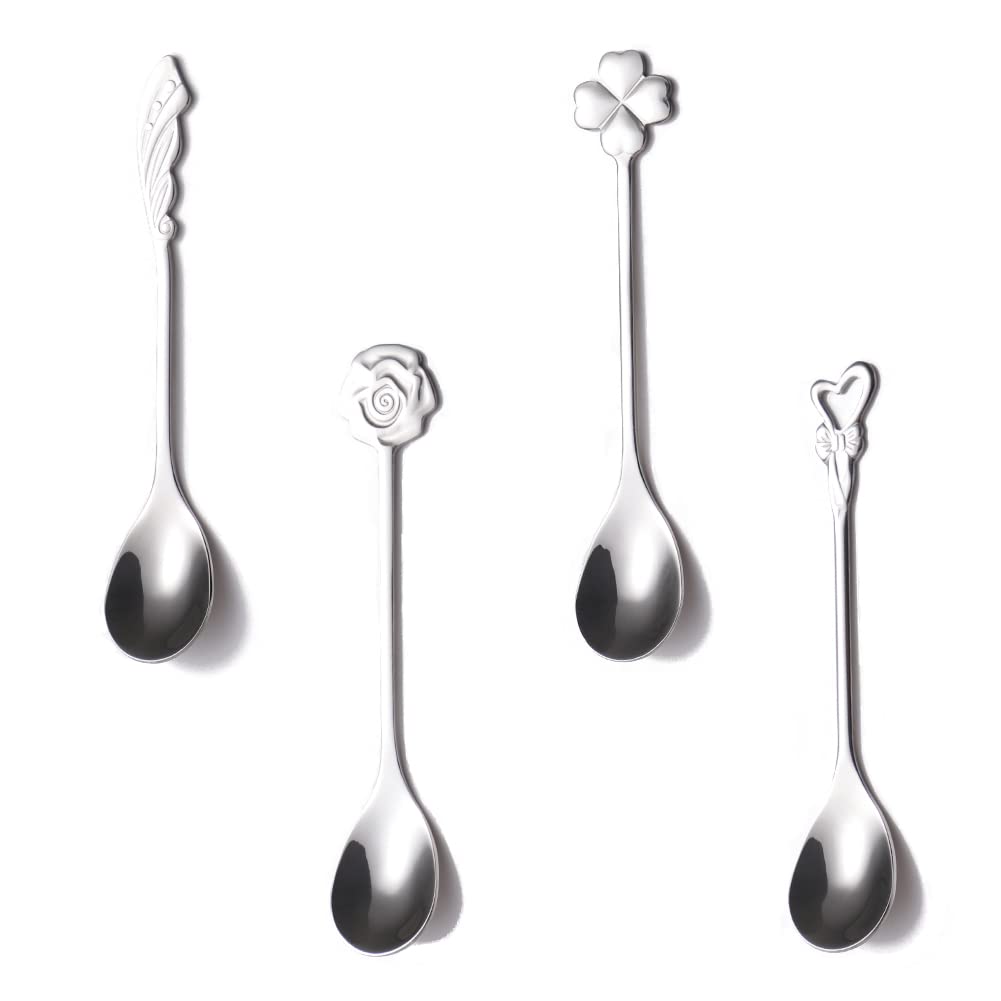 Turbokey 304 Stainless Steel Coffee Spoon Set,4-Pack: Heart Wing Rose Four Leaf Clover Style For Coffee Tea Dessert Drink Mixing
