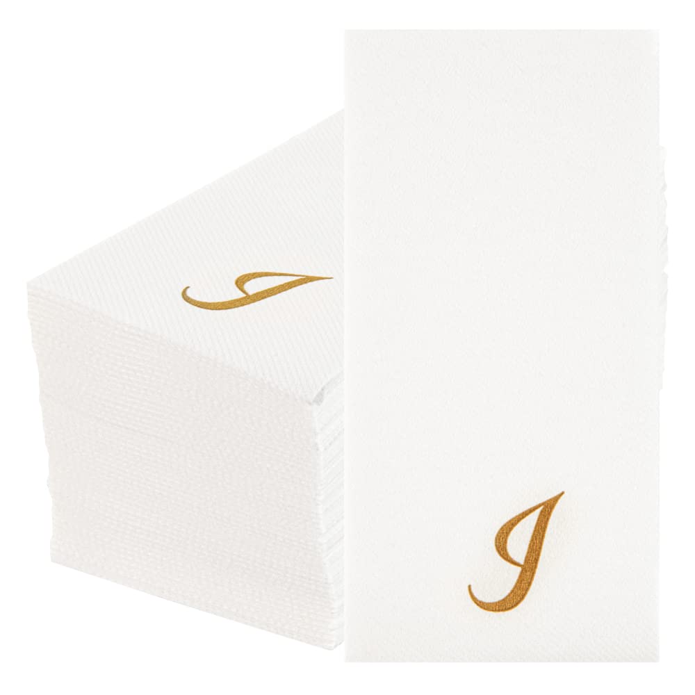 Luxenap 15.8 X 7.9 Inch Linen-Feel Guest Towels, 50 Lettered Hand Towels - Gold Letter 'I', Cursive Font, White Paper Dinner Nap
