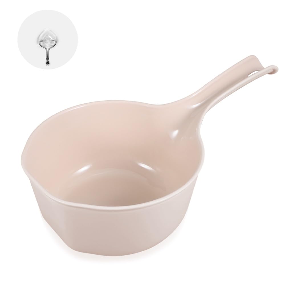 PAMISO Plastic Water Scoop for Bath, Light Pink Shower Bucket, Bathroom Water Scoop Cup, Bathing Ladle with Adhesive Hook
