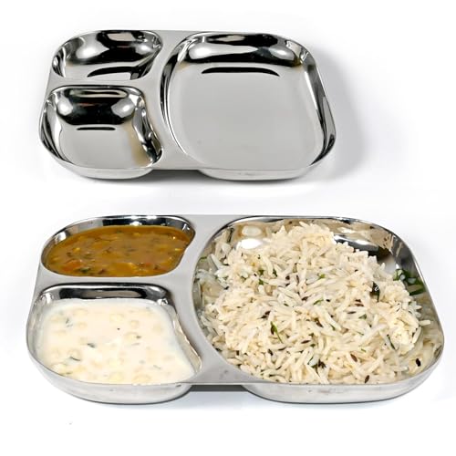 Rudraeco Mahipal Stainless Steel Mirror Finish Divided Plates  Set Of 2 | 3Compartment Thali For Idli Sambar, Pav Bhaji | Brea