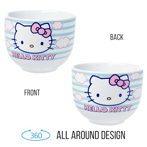 Silver Buffalo Sanrio Hello Kitty Blue And Pink Skies Ceramic Ramen Noodle Rice Bowl With Chopsticks, Microwave Safe, 20 Ounces