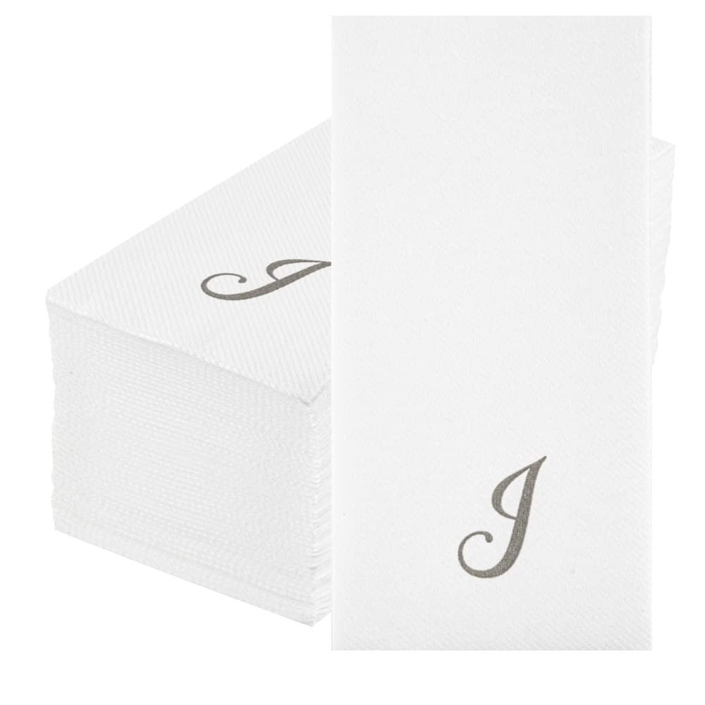 Luxenap 15.8 X 7.9 Inch Linen-Feel Guest Towels, 2000 Lettered Hand Towels - Silver Letter 'J', Cursive Font, White Paper Dinner