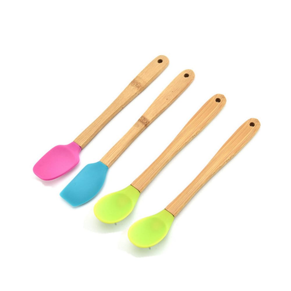 Mini Silicone Spoons, Heat Resistant Mini Scraper/Shovel/Spoon with Bamboo Handle for Scraping, Cooking, Baking and Mixing