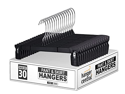 Hanger Central 30 Pack Space Saving Heavy Duty Slim Plastic Pants And Shorts Hangers, Ridged Non-Slip With Pinch Clips, 360-Rota