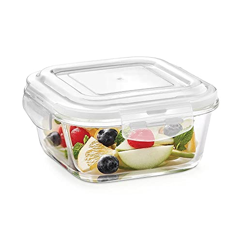 Borosil Klip N Store Glass Storage Container For Kitchen With AirTight Lid, Microwave & Oven Safe, Square, 800 ml, Clear