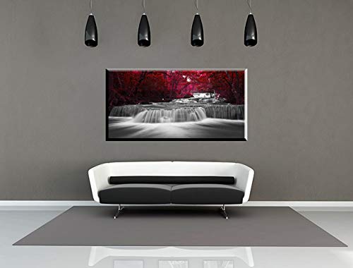 Home Wall Art D  Cor Of Wide Waterfall And Red Leaves,Maple Leaves Canvas Prints Pictures Painting Artwork,Beautiful Black White