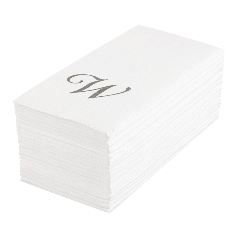 Luxenap 15.8 X 7.9 Inch Linen-Feel Guest Towels, 50 Disposable Striped Hand Towels - Silver Letter 'W', Cursive Font, White Pape