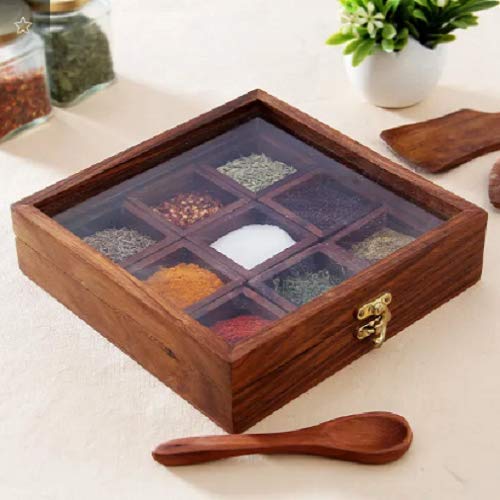 Phoenixx Wooden Utility/Masala Spice Box  Sheesham Wood Spice Box Container with Transparent Top Spice Box Holder(Wooden Spoon 