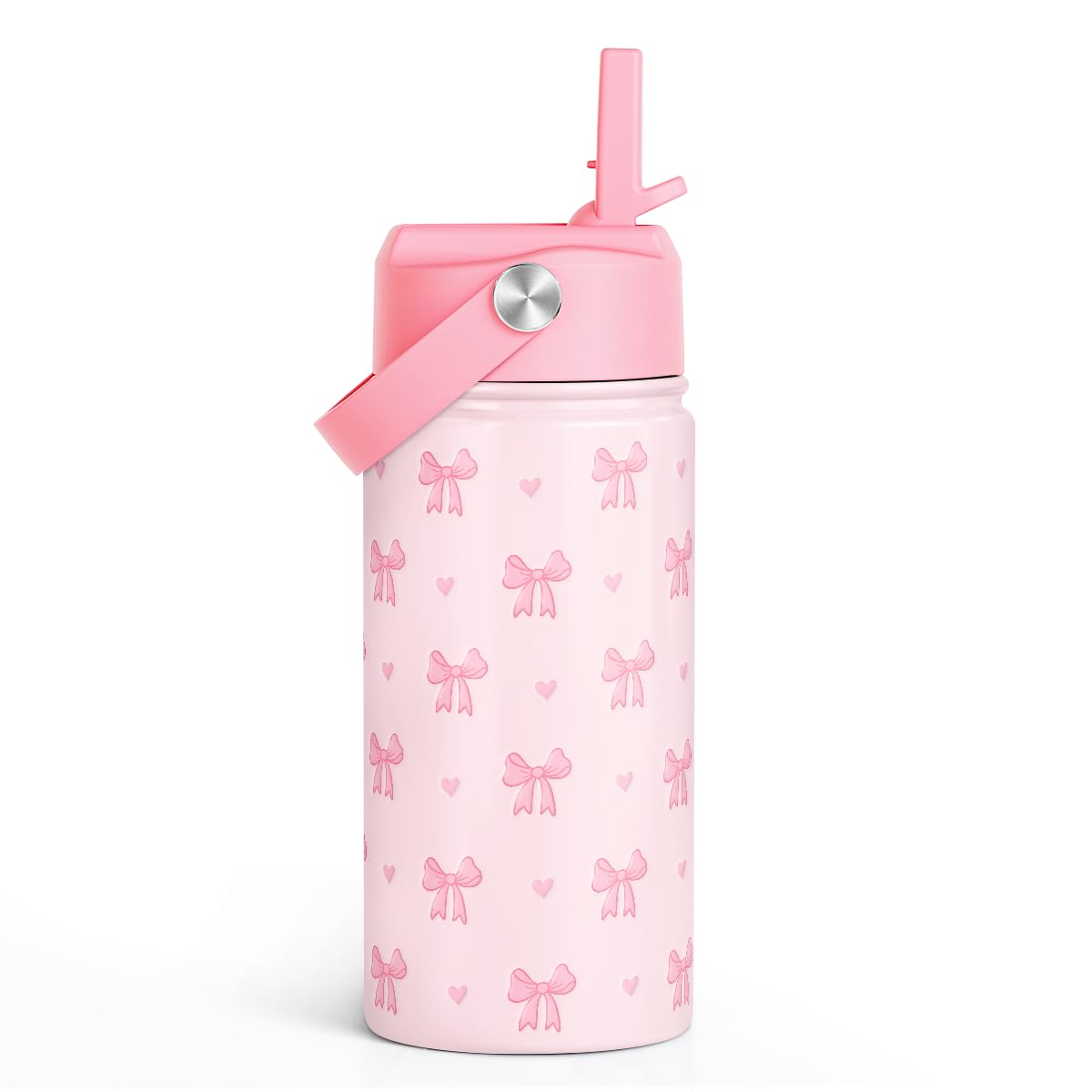 Bow Kids Water Bottle With Straw Lid 12oz Insulated Stainless Steel, Travel Tumbler, Pink Bow Gifts For Girls, Birthday, Christm