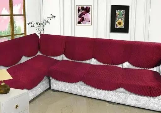 Blush And Bloom 7 Seater L Shape Self Design Velvet Quilted Sofa Cover And Chair Cover, Seat And Back Cover (Maroon)
