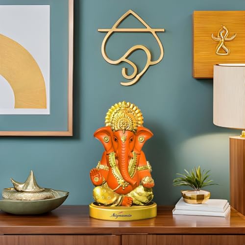Signamio Handcrafted Orange Ganesha Idol For Car Dashboard Item: Ganesh Ji, Ganpati Bappa Murti For Home Decor - Exquisite Car G