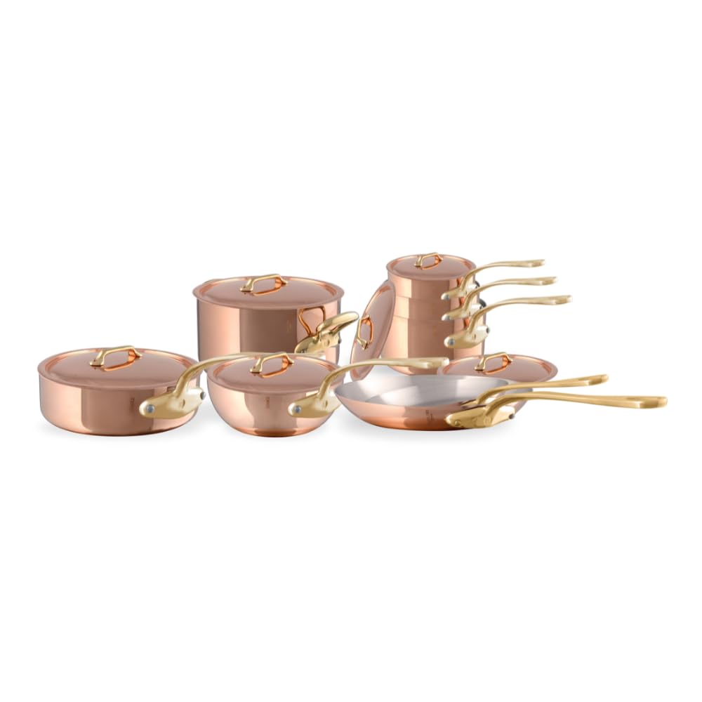 Mauviel MHeritage 200 B 2mm Polished Copper & Stainless Steel 14Piece Cookware Set With Brass Handles, Made In France