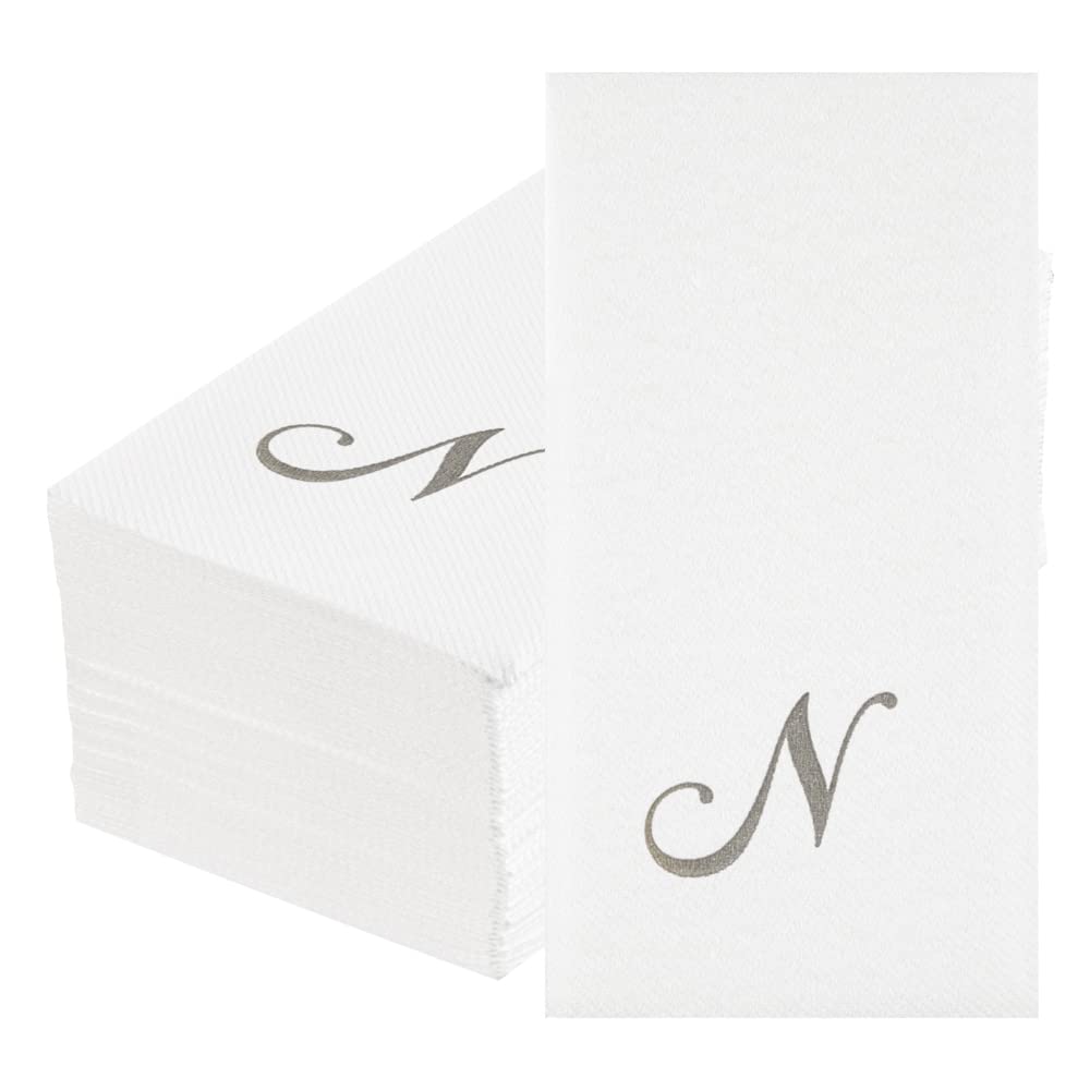 Luxenap 15.8 X 7.9 Inch Linen-Feel Guest Towels, 2000 Lettered Hand Towels - Silver Letter 'N', Cursive Font, White Paper Dinner