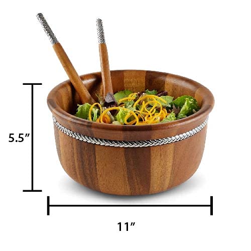 Nambe Braid Round Wooden Salad Bowl 3 Piece Set | 11-Inch Salad Bowl With Serving Utensils | Acacia Wood And Chrome Plate Salad