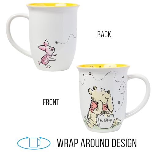 Silver Buffalo Disney Winnie the Pooh But First Hunny Wide Rim Bees Flying Ceramic Mug, 16 Ounces