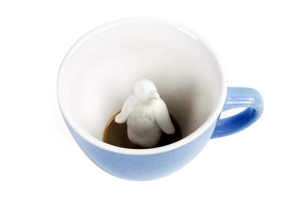 Creature Cups Penguin Ceramic Cup (11 Ounce, Ice Blue Exterior) - Hidden Animal Inside Mug - Birthday, Holiday, And Housewarming