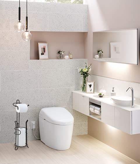 SunnyPoint Bathroom Toilet Tissue Paper Roll Storage Holder Stand with Reserve  The Reserve Area Has Enough Space to Store Mega Rolls (Black)