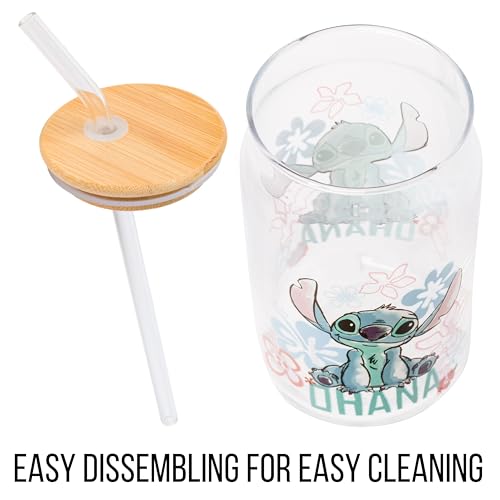 Silver Buffalo Disney Lilo And Stitch Ohana Glass Tumbler With Bamboo Lid And Reusable Glass Straw Featuring Stitch Sitting, 16