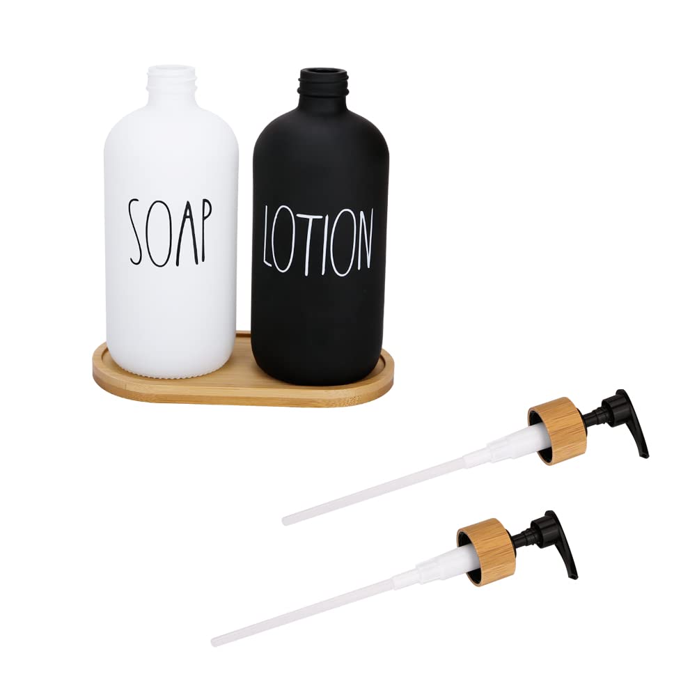 Soap Dispenser Bathroom Set, Hand Soap And Lotion Dispenser Set With Tray For Bathroom, Black And White Bathroom Decor Modern Fa