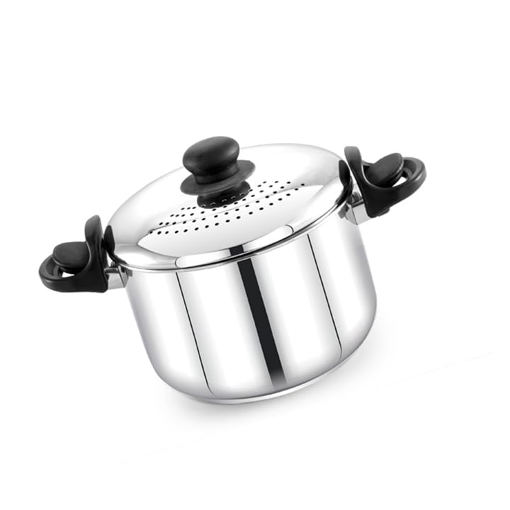 Praylady 3.0L Stainless Steel Strainer Pot (Without Glass Lid), Pasta - Multipurpose For Pasta, Rice & Noodles With Built-In Str