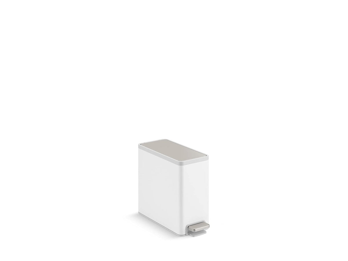 Kohler 20957-Stw 2.5 Gallon Slim Step Trash Can, Bathroom Trash Can With Soft-Close Foot Pedal, White With Stainless Steel