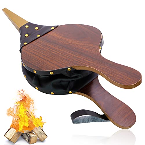 Wood Fireplace Bellows 17''X7.5'' With Hanging Leather Strap, Brown Air Bellower For Outdoor Bbq And Camping