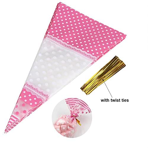 Zerodis 50Pcs Triangle Clear Cone-Shaped Treat Bags With Twist Ties Popcorn Bags Treat Bags Cellophane Candy Bags, Crafts (Pink)