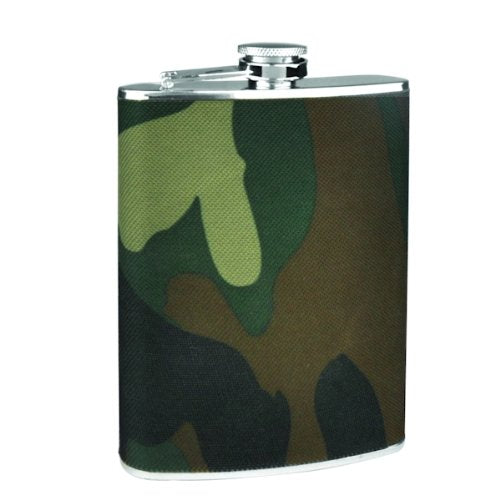 Hip Flask Holding 8 Oz - Camouflage Fabric Wrap Design - Pocket Size Stainless Steel Rustproof Screw-On Cap - Army Green Brown A