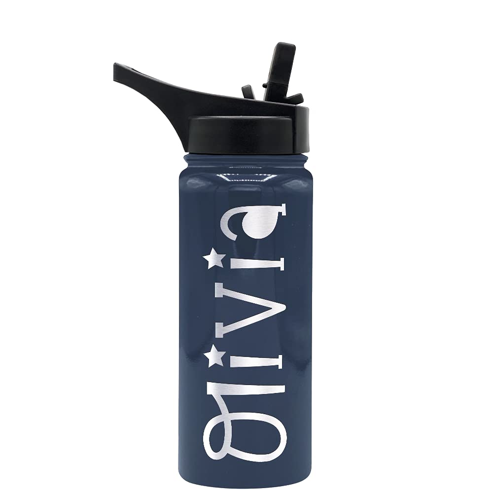 Personalized Kids Water Bottle With Straw Lid On Blue Gray Gloss Laser Engraved Custom Children Name 18 Oz Modern Stainless Stee